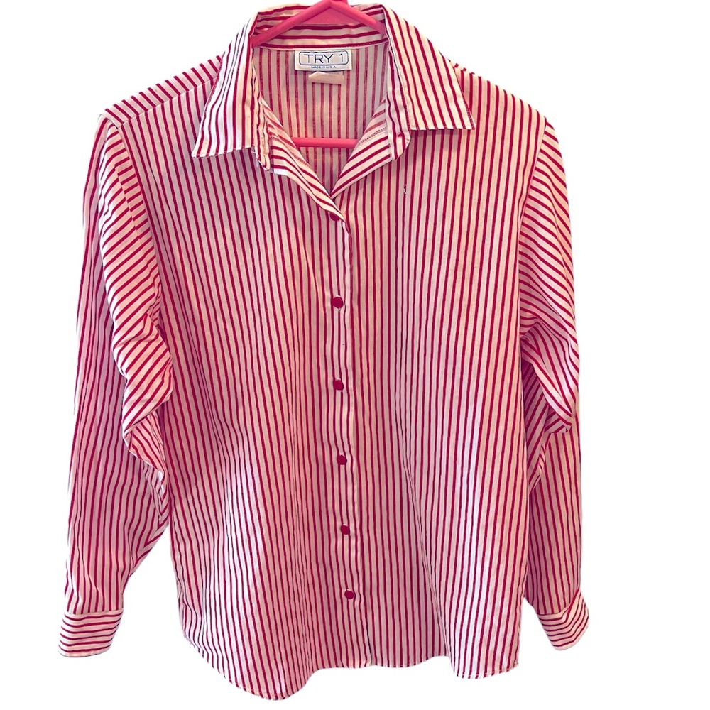 Vintage Red & White Striped Button Up Long Sleeve Blouse by Try 1. Size = Medium